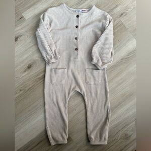 Zara Ribbed Long Sleeve/Pants Cozy Coverall with Wood button closure and detail